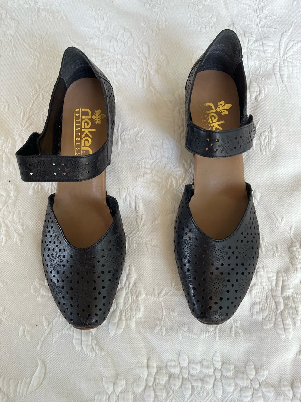 Rieker Black Laser-Cut Mary Jane Flats with Strap